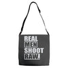 real men shoot raw Adjustable Strap Totes