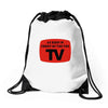 as seen in front of the the tv Drawstring Bags