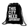 this city need superhero Drawstring Bags