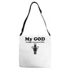 my god is bigger than your god Adjustable Strap Totes