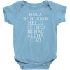 hello 7 languages hola bonjour ni hao chinese french italian Baby Bodysuit