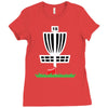 disc golf frisbee leaning on target basket innova Ladies Fitted T-Shirt