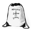 motivated by caffeine and canines Drawstring Bags