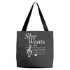 she wants the d black Tote Bags