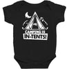 white ink camping is in tents funny Baby Bodysuit
