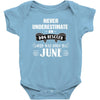 never underestimate an old man who was born in june Baby Onesie