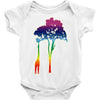 giraffe reaching up with its long neck to eat leaves off branches from Baby Onesie