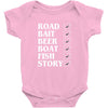 road bait beer boat fish story Baby Onesie