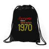 awesome since november 1970 Drawstring Bags