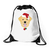 golden retriever dog with red santa's hat Drawstring Bags
