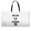 grey alien Weekender Totes