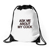 ask me about my cock rooster Drawstring Bags