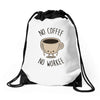 no coffee no workee Drawstring Bags