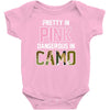 pretty in pink dangerous in camo funny Baby Onesie