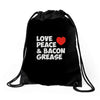 love peace and bacon grease Drawstring Bags