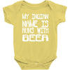 my indian name is runs with beer Baby Onesie