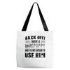 back off i have a crazy poppy and i'm not afraid to user him Tote Bags