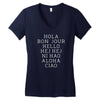 hello 7 languages hola bonjour ni hao chinese french italian Women's V-Neck T-Shirt