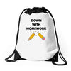 down with homework Drawstring Bags