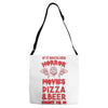 horror movies, pizza and beer Adjustable Strap Totes