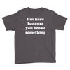 i'm here because you broke something Youth Tee