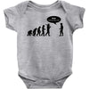 stop following me funny darwins evolution parody mens white t shirt Baby Onesie