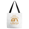 what happens in camper Tote Bags