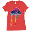giraffe reaching up with its long neck to eat leaves off branches from Ladies Fitted T-Shirt