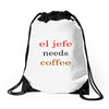 el jefe needs coffee Drawstring Bags