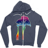 giraffe reaching up with its long neck to eat leaves off branches from Zipper Hoodie