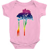 giraffe reaching up with its long neck to eat leaves off branches from Baby Onesie