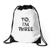 yo, i'm three Drawstring Bags