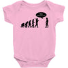 stop following me funny darwins evolution parody mens white t shirt Baby Onesie