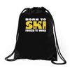born to ski forced to work Drawstring Bags