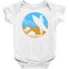 beach surfer silhouette birds sand waves palm Baby Onesie