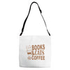 books and cats and coffee Adjustable Strap Totes