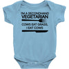 i'm a secondhand vegetarian. cows eat grass, i eat cows. Baby Onesie