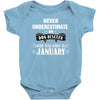 never underestimate an old man who was born in january Baby Onesie