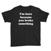 i'm here because you broke something Youth Tee