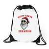 dirty santa champion Drawstring Bags