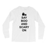 say boo and scary on 2 Long Sleeve Shirts