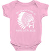 my indian name is runs with beer Baby Onesie